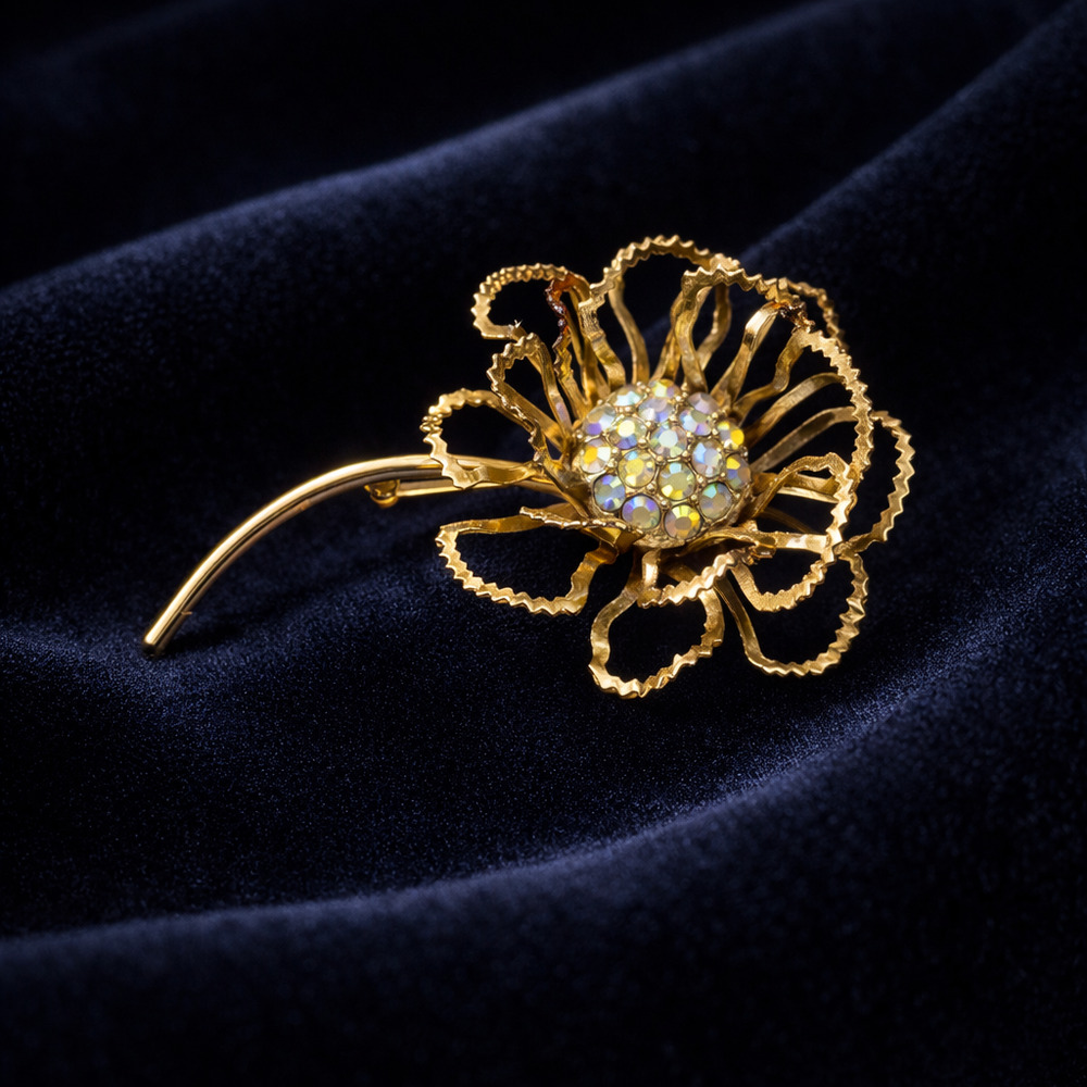 Sarah Coventry “Allusion” Brooch – Vintage Gold Floral Rhinestone Statement Pin